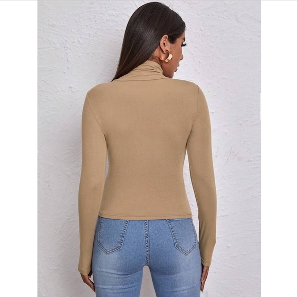 Tan Turtleneck Long Sleeve Tee Shirt - Picture 4 of 6